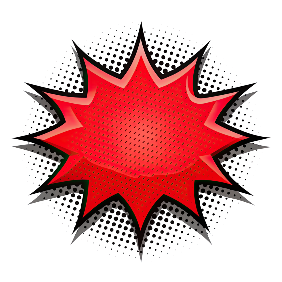 A comic book styled red speech bubble with a starburst shape outlined in black and black halftone pattern surrounding, on a transparent background. png