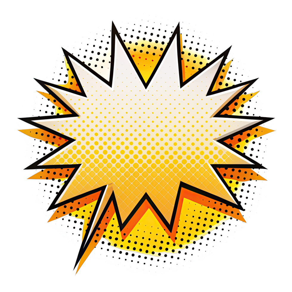 Comic book style speech bubble with yellow back and black outline on transparent background. png
