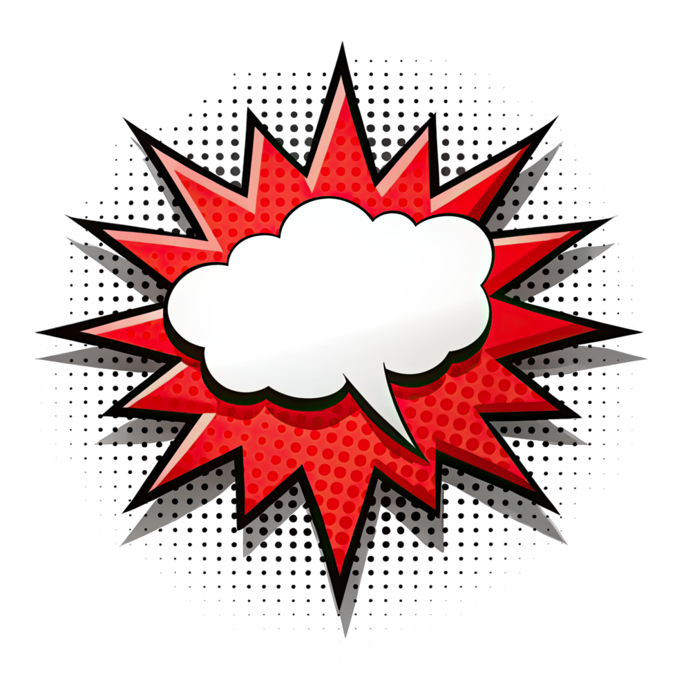 A red and white comic book style speech bubble on transparent background. png