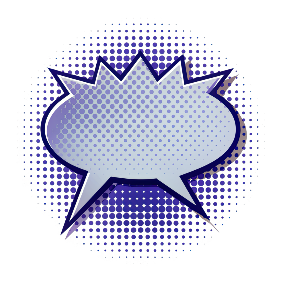 A blank comic book speech bubble with blue halftone pattern on transparent background. png