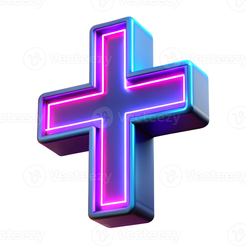 Cross with neon glow 3d icon isolated on the transparent background png