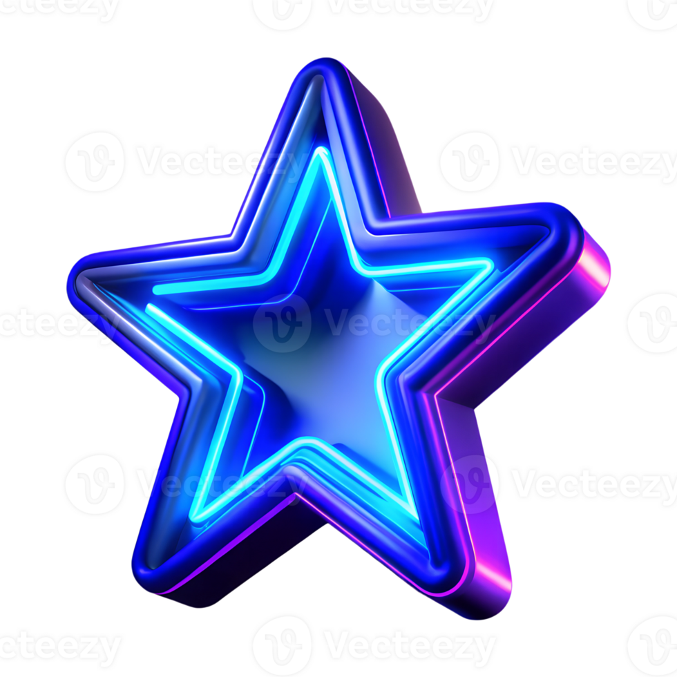 Neon glowing star 3d icon isolated on the transparent background png