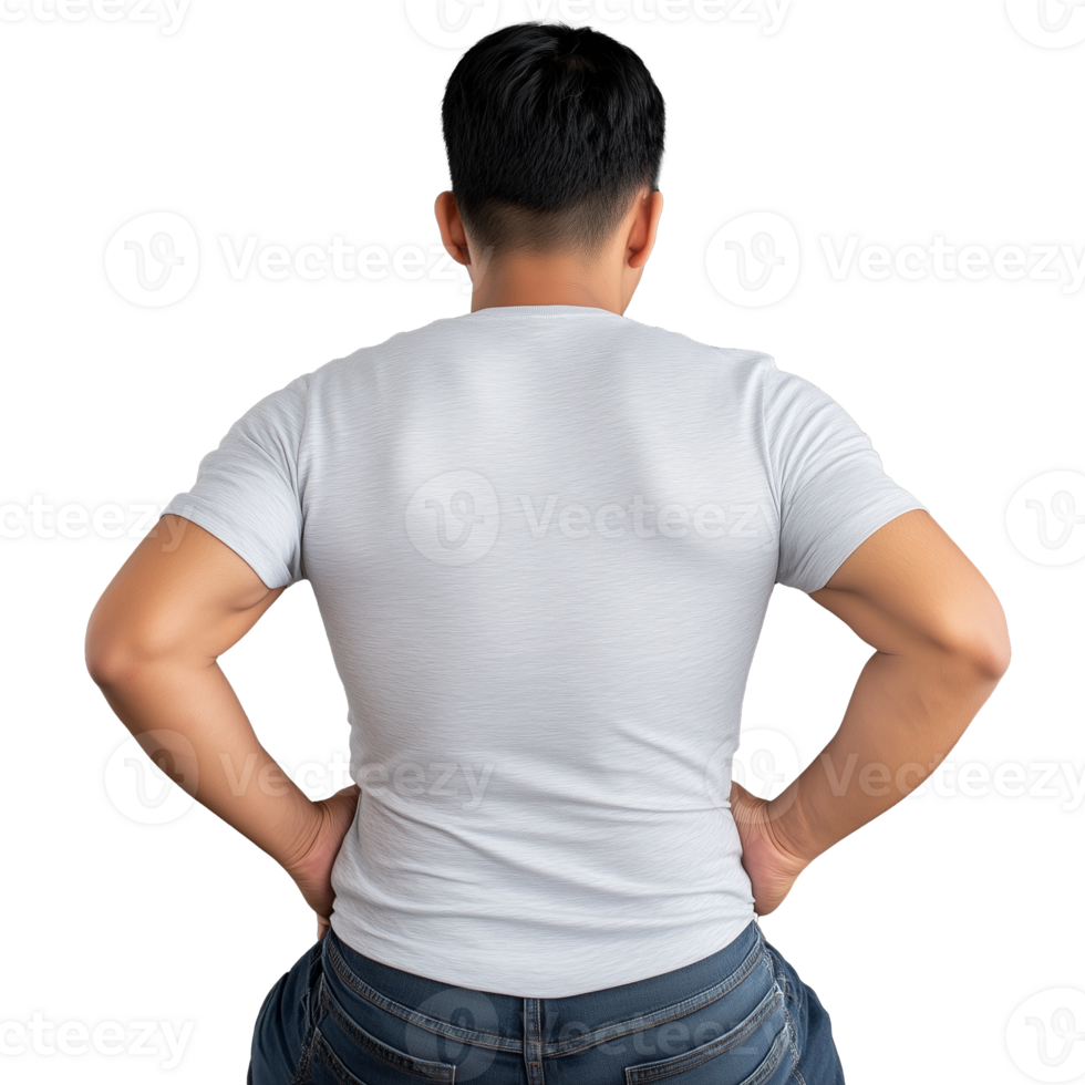 Man with back turned, wearing a white T shirt and jeans, standing with hands on hips, transparent background png