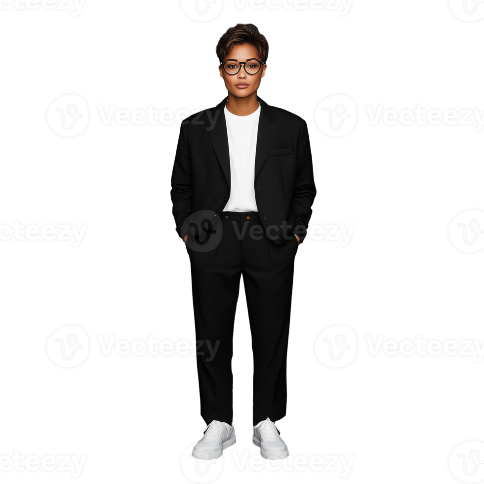 Young man in a black suit and white sneakers standing confidently, hands in pockets, transparent background png