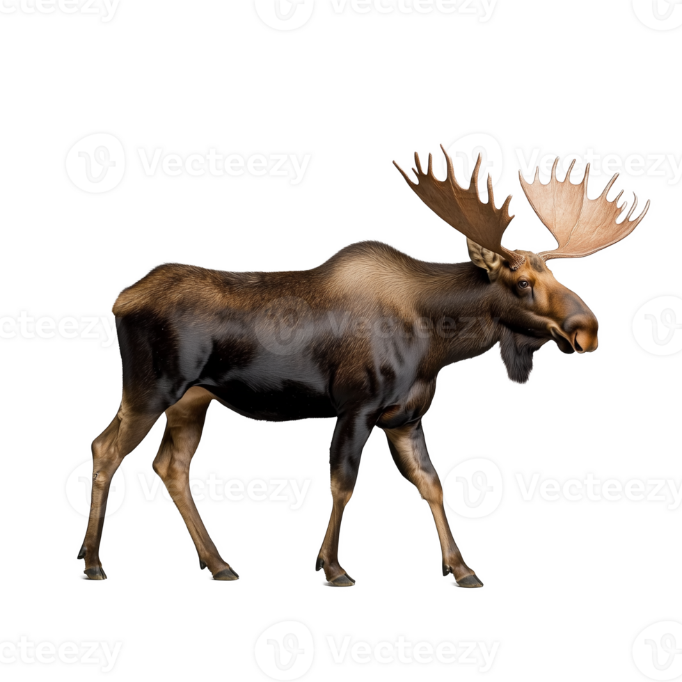 Standing moose on a transparent background, showcasing antlers and brown fur png