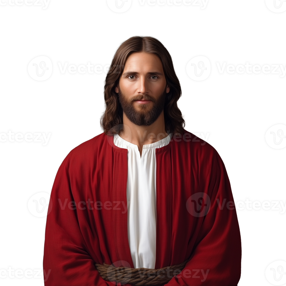 Man in red and white robe with long hair and a serious expression, standing calmly, transparent background png