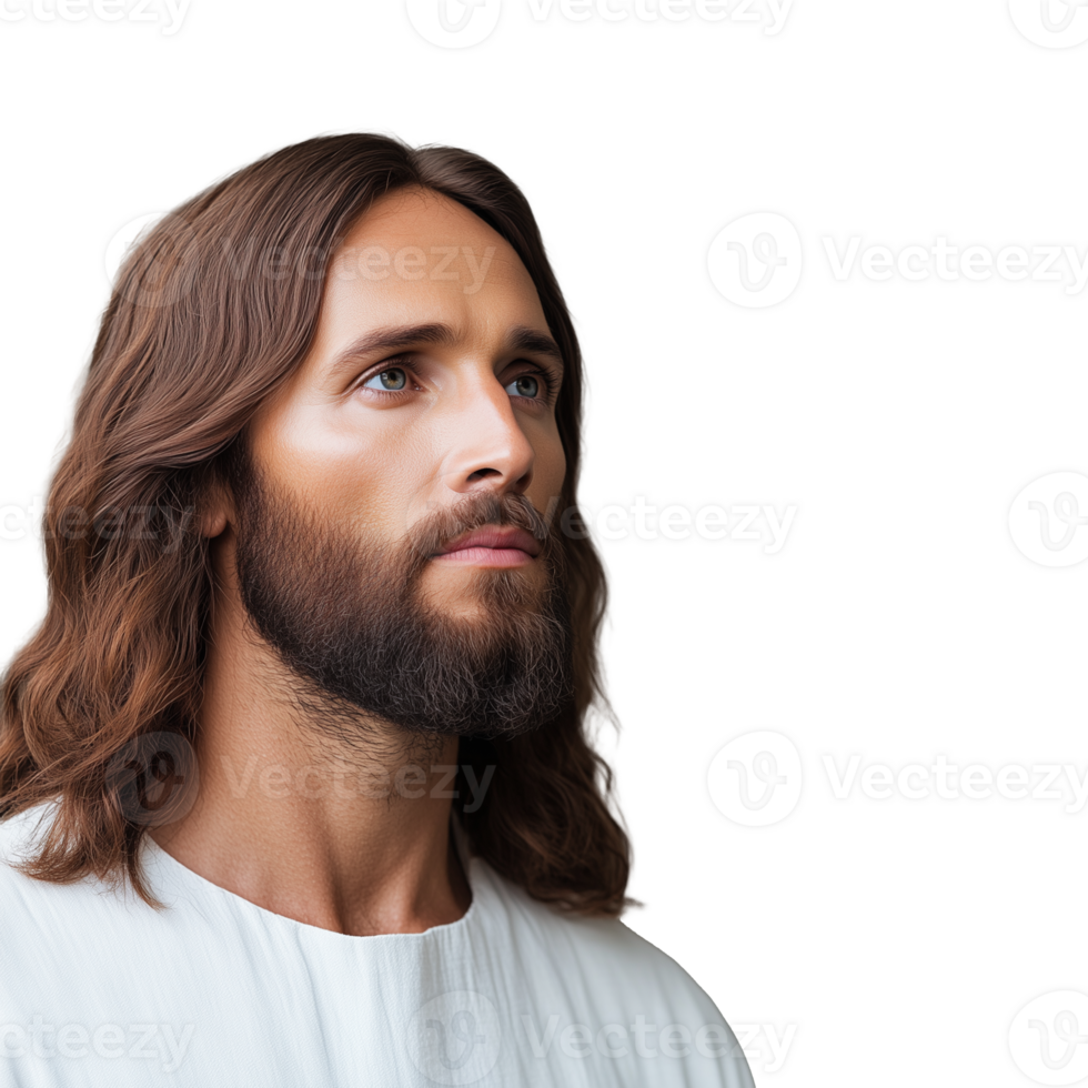 Side profile of a man with long brown hair and beard wearing a white robe, isolated on a transparent background png