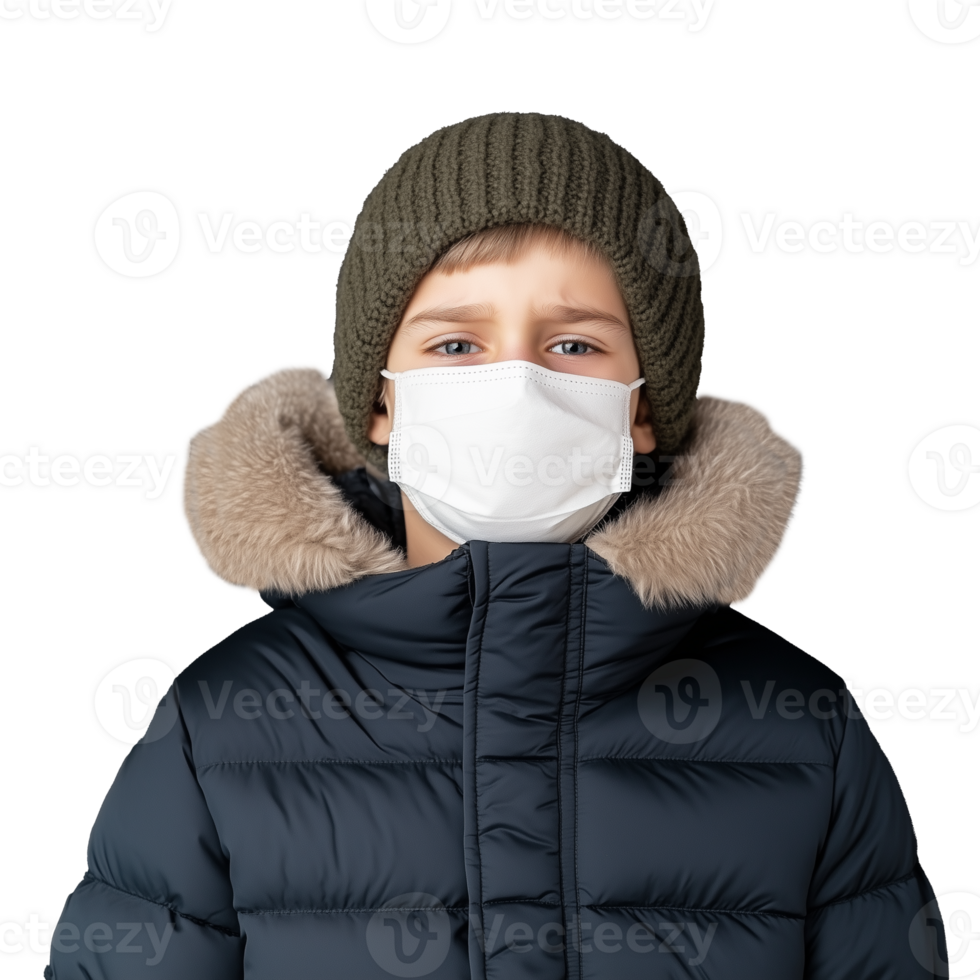 Young boy in a winter jacket and knit hat wearing a face mask, isolated on a transparent background png