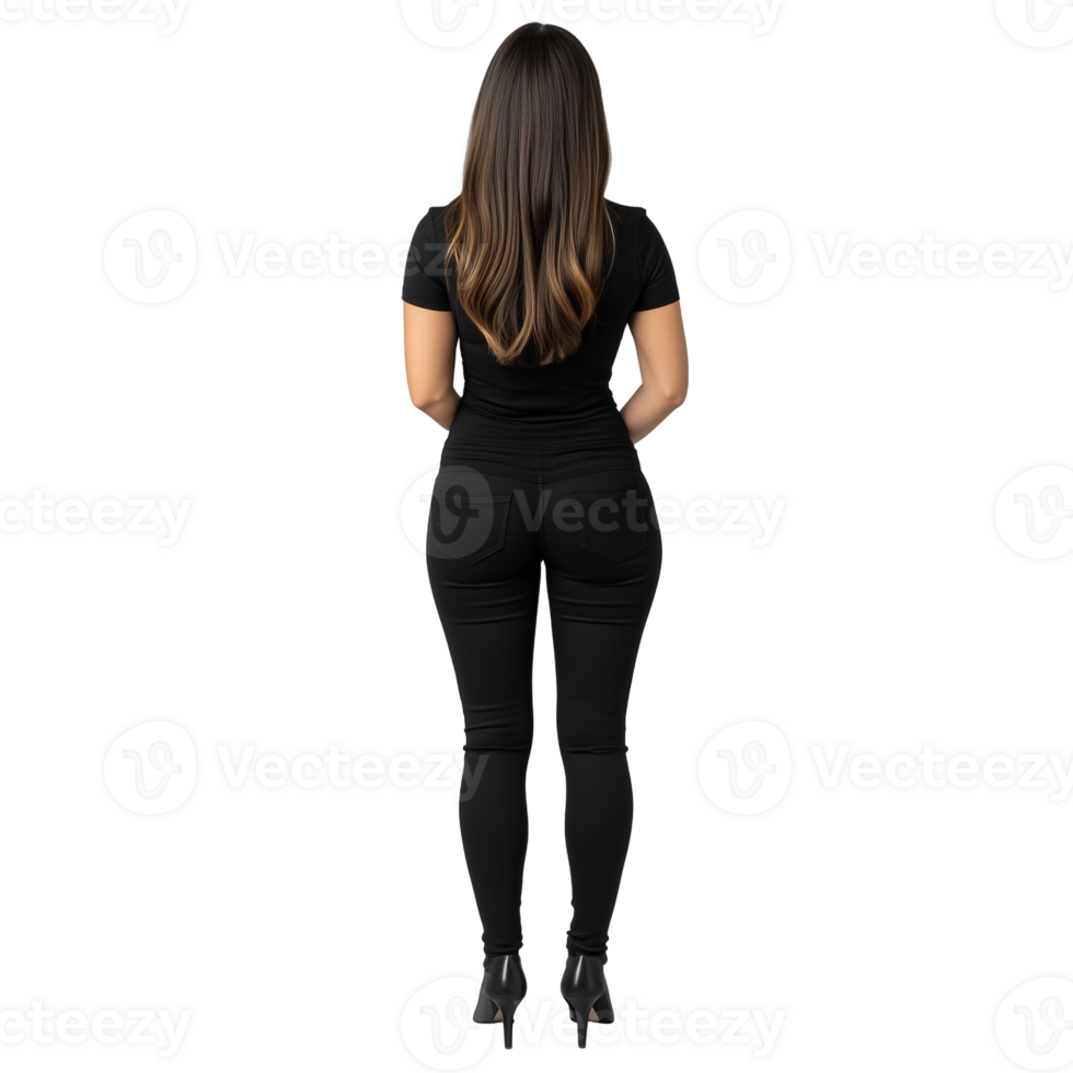 Woman in black clothes standing with her back to the camera on a transparent background png