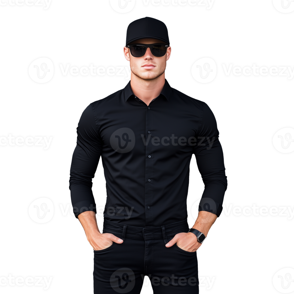 Man wearing a black shirt and sunglasses, posing confidently on a transparent background png