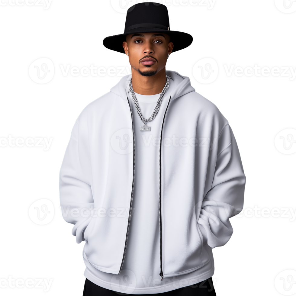 Man in a white hoodie and black hat standing confidently on a transparent background png