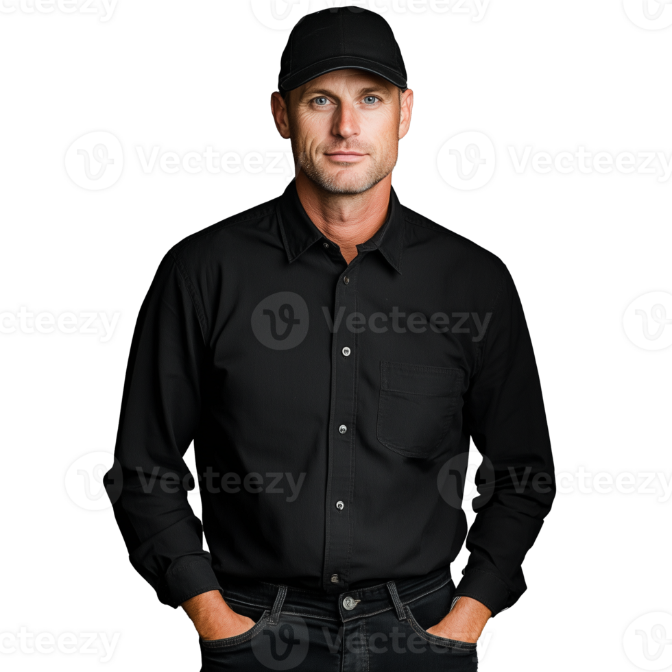 Man wearing a black shirt and cap, standing confidently on a transparent background png