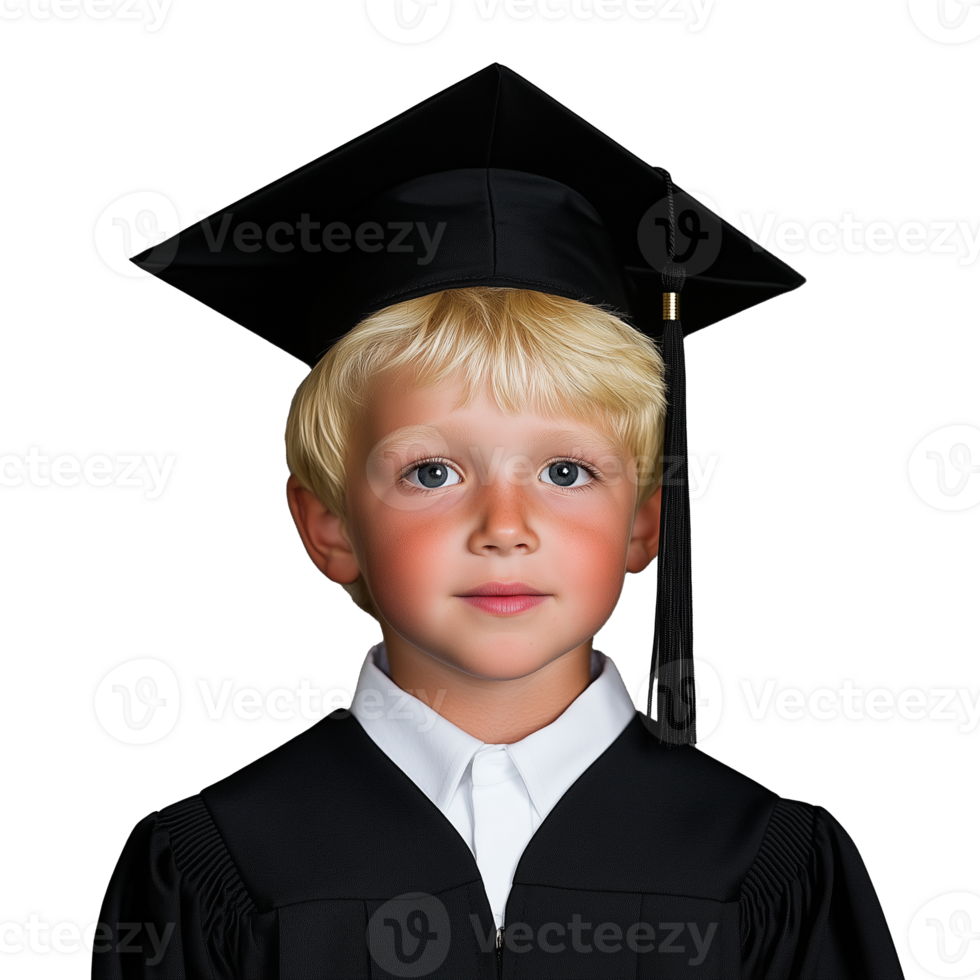 Young boy wearing a graduation cap and gown on a transparent background png