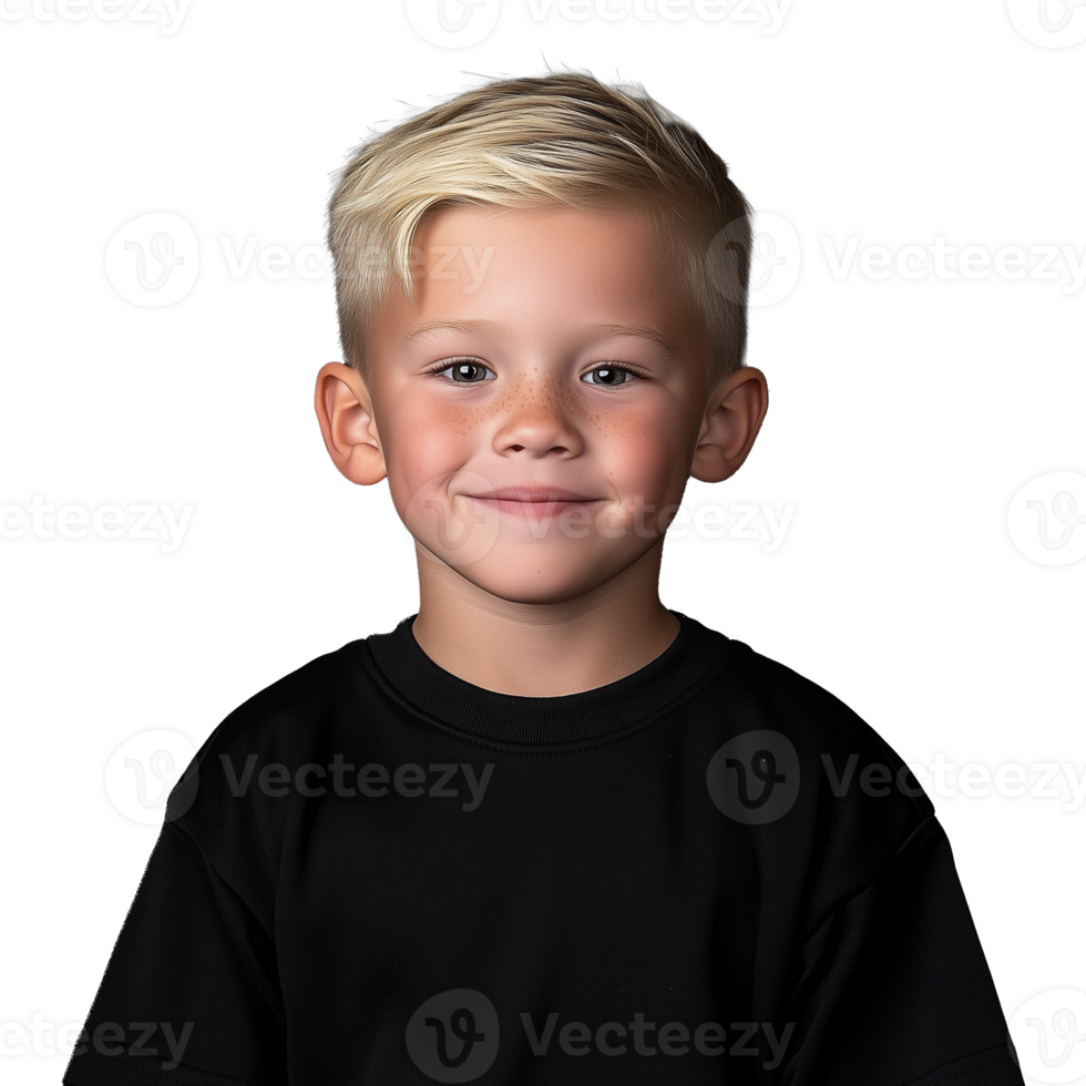 Blond young boy wearing a black t shirt on a transparent background png