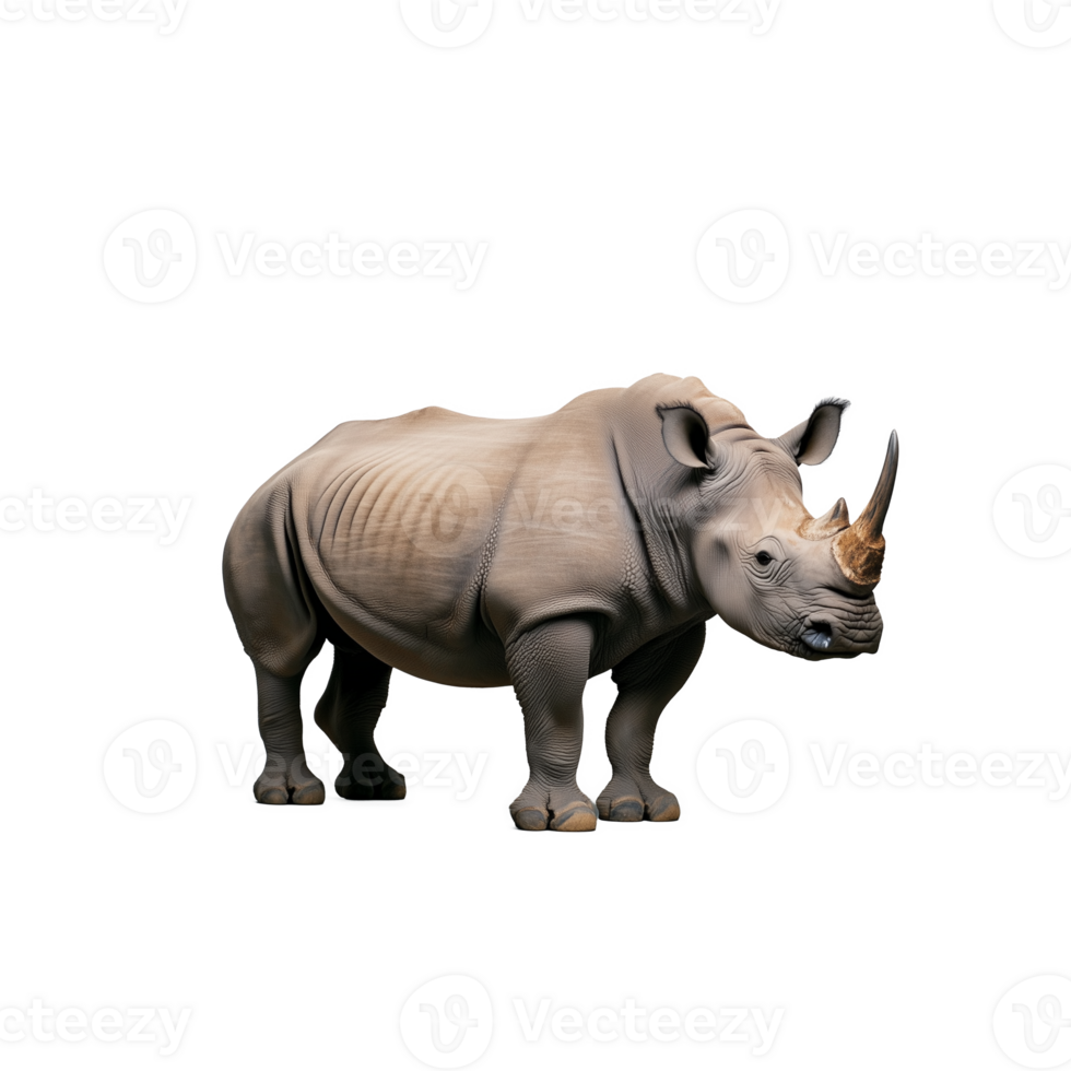 Rhinoceros standing in profile with two horns visible, transparent background png