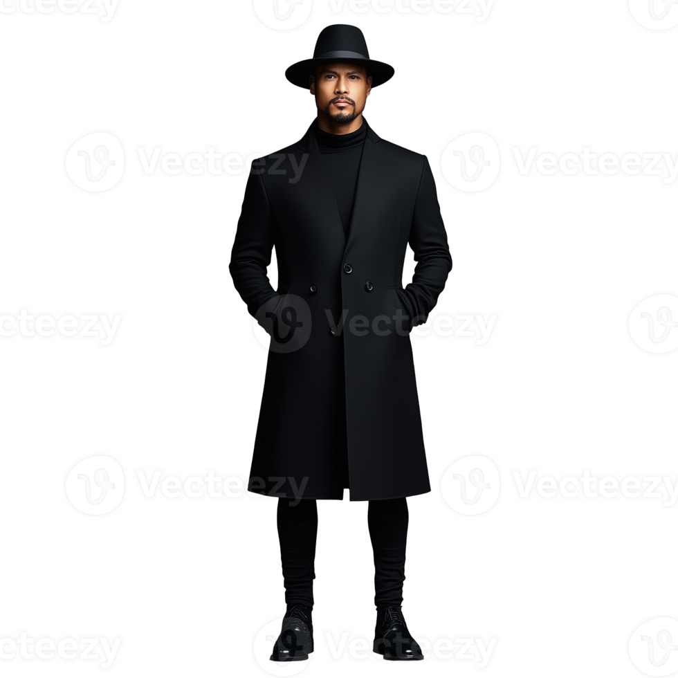 Man in a long black coat and hat standing formally on a transparent background png