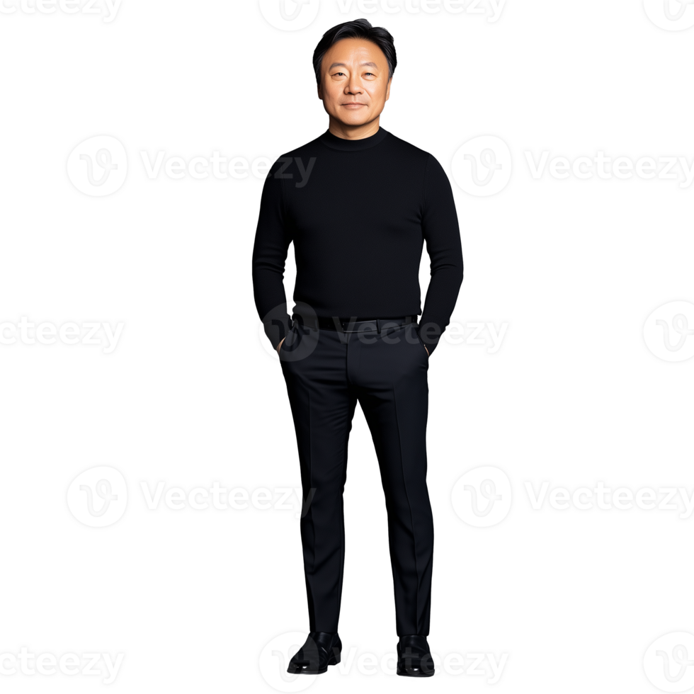 Middle aged man in a black outfit standing confidently on a transparent background png