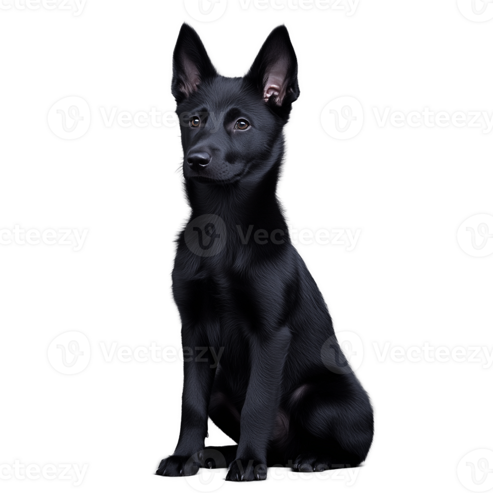Black dog sitting attentively on a transparent background png