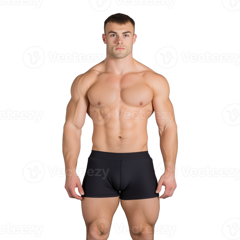 Muscular man in black shorts posing shirtless on a transparent background png