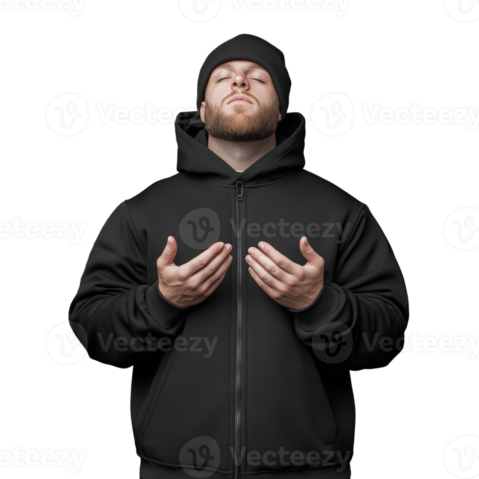 Man in a black hoodie raising his hands in a calm gesture on a transparent background png