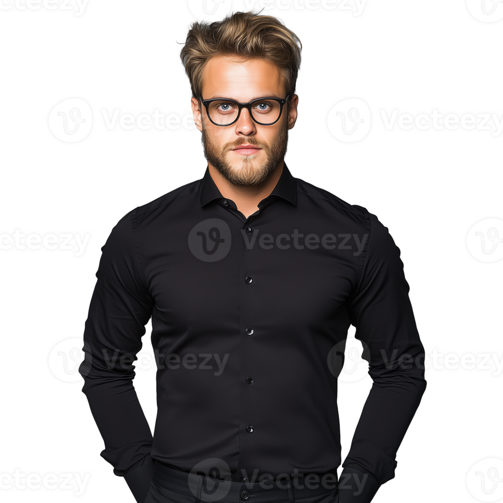 Bearded man in a black shirt and glasses standing confidently on a transparent background png