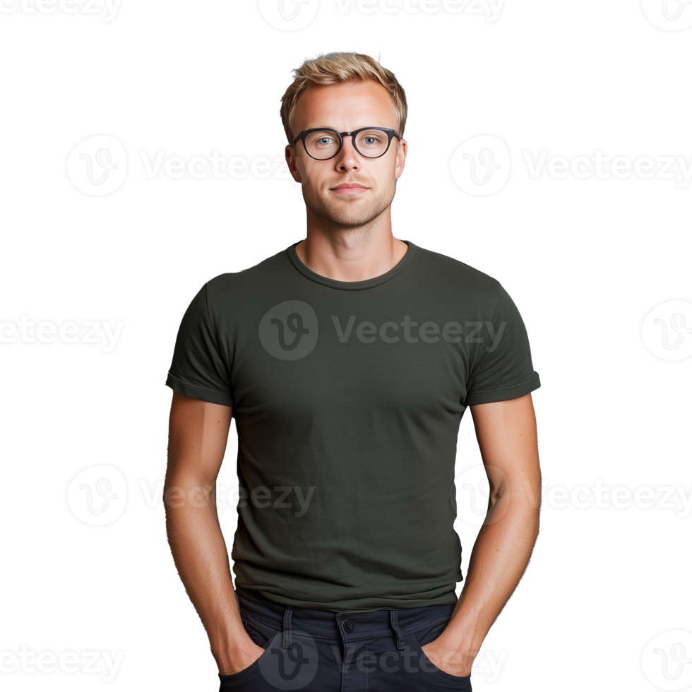 Blond man wearing glasses and a green t shirt posing on a transparent background png