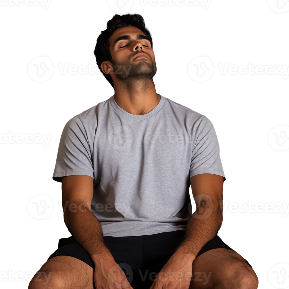 Man sitting with eyes closed in a relaxed pose on a transparent background png