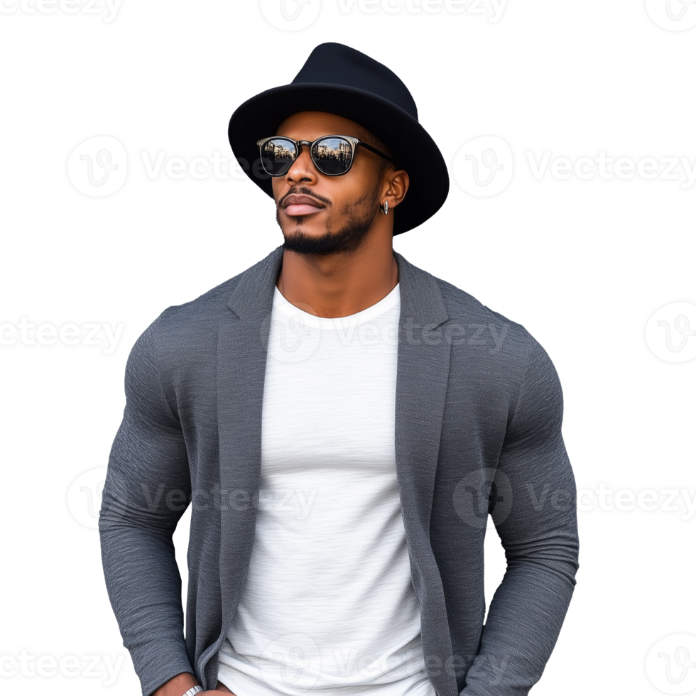 Man in a gray jacket, white shirt, and black hat posing stylishly on a transparent background png