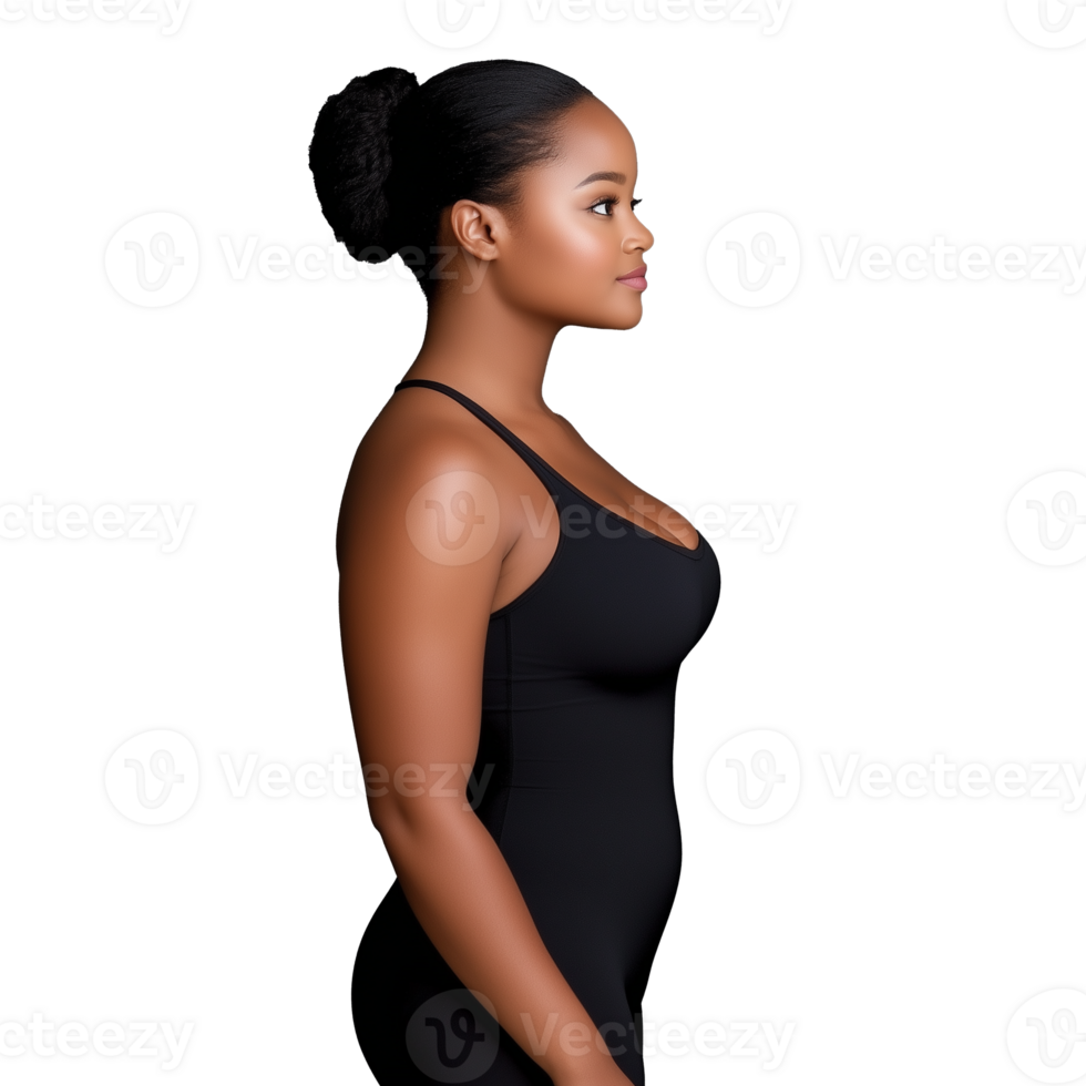 Side view of a woman in a black athletic outfit on a transparent background png