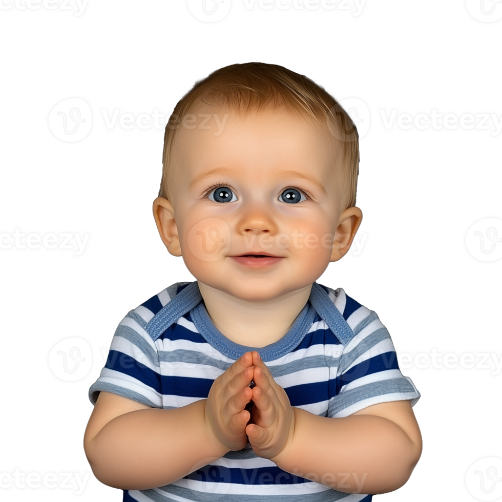 Baby boy in a striped shirt smiling and sitting on a transparent background png