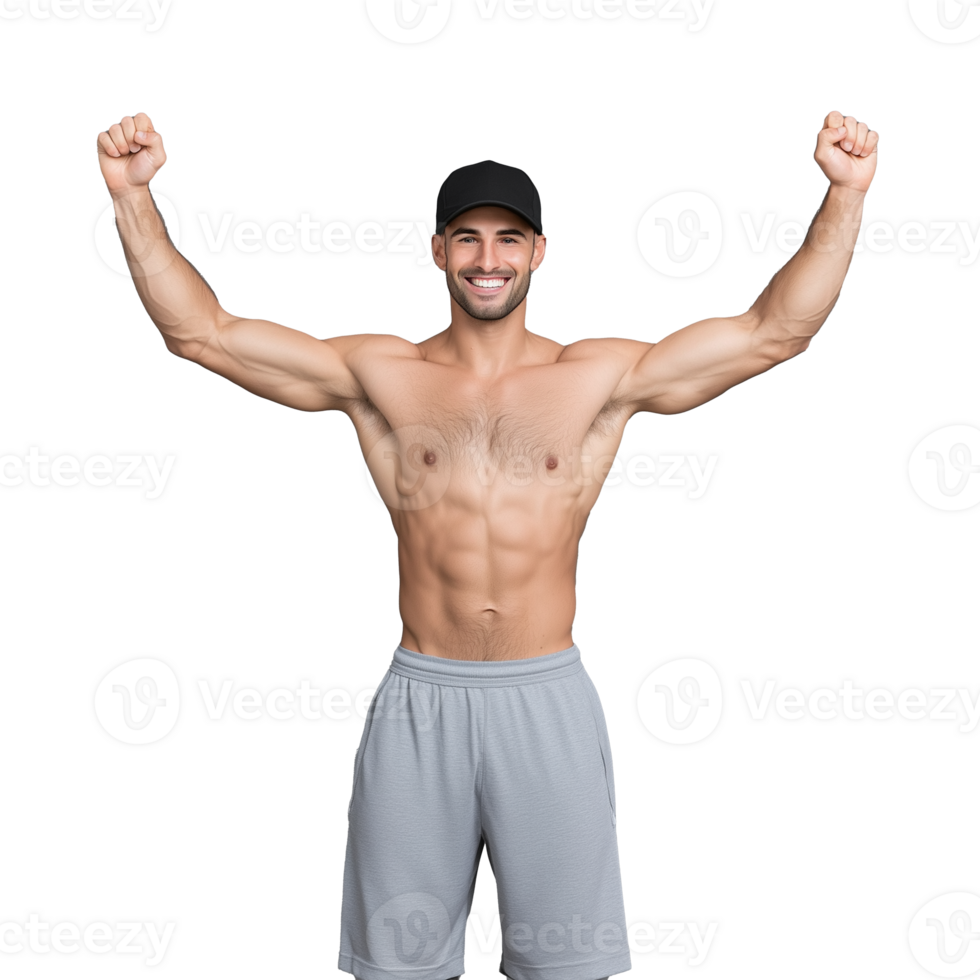 Shirtless man flexing muscles and celebrating victory on a transparent background png