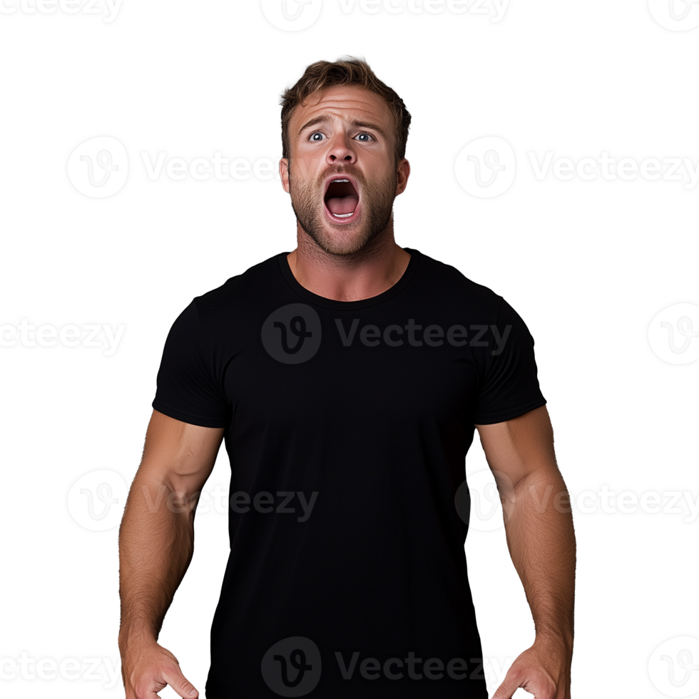 Muscular man shouting with wide open mouth, wearing a black t shirt on a transparent background png