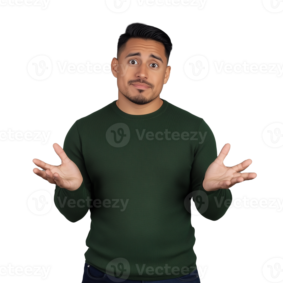 Man with a confused expression, raising his hands on a transparent background png