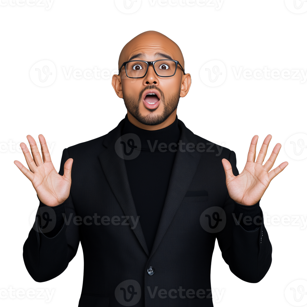 Bald man in a black suit expressing shock with hands raised, on a transparent background png