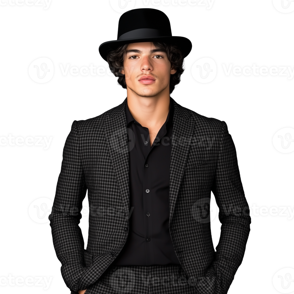 Man in a black suit and bowler hat posing on a transparent background png