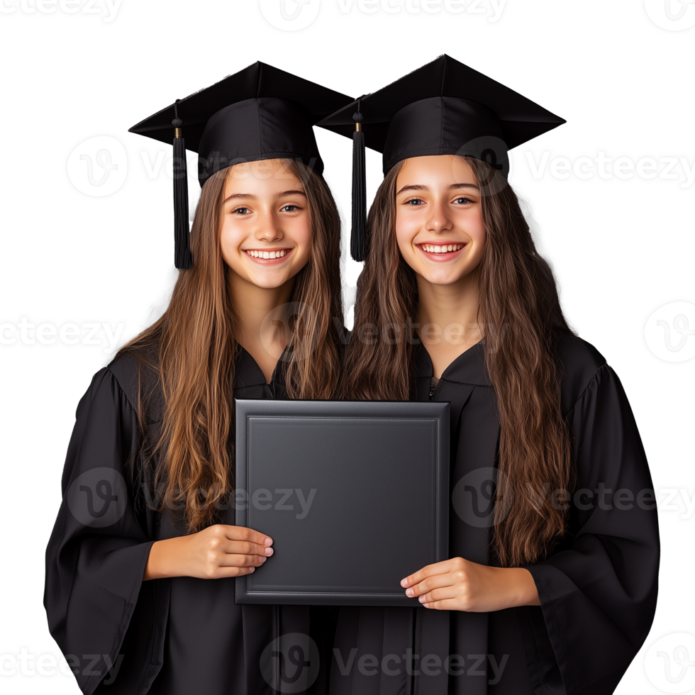 Two girls in graduation caps holding a diploma and smiling on a transparent background png