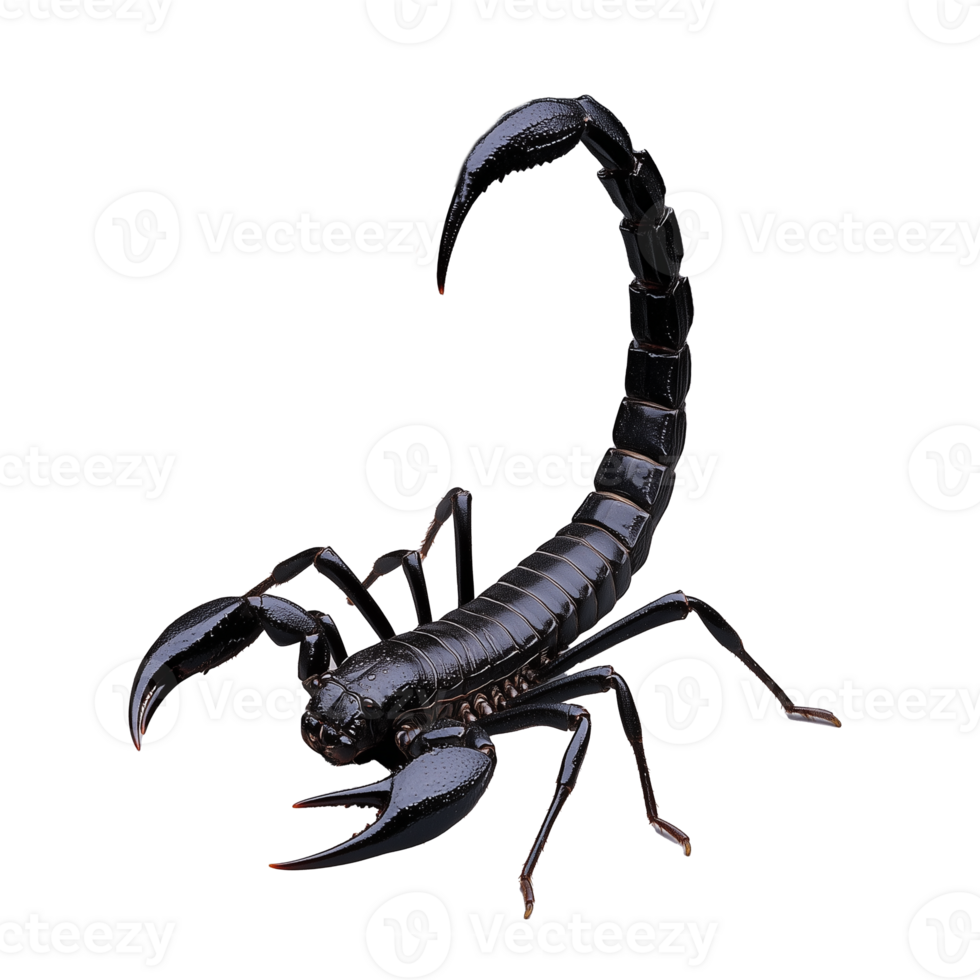 Black scorpion with its tail curled up and pincers extended on a transparent background png