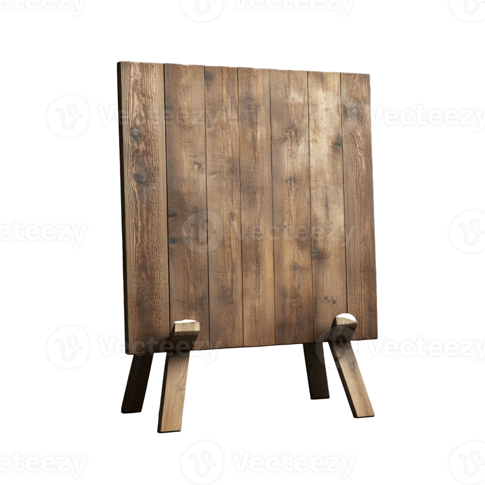 Rustic wooden easel with a blank board displayed, on a transparent background png