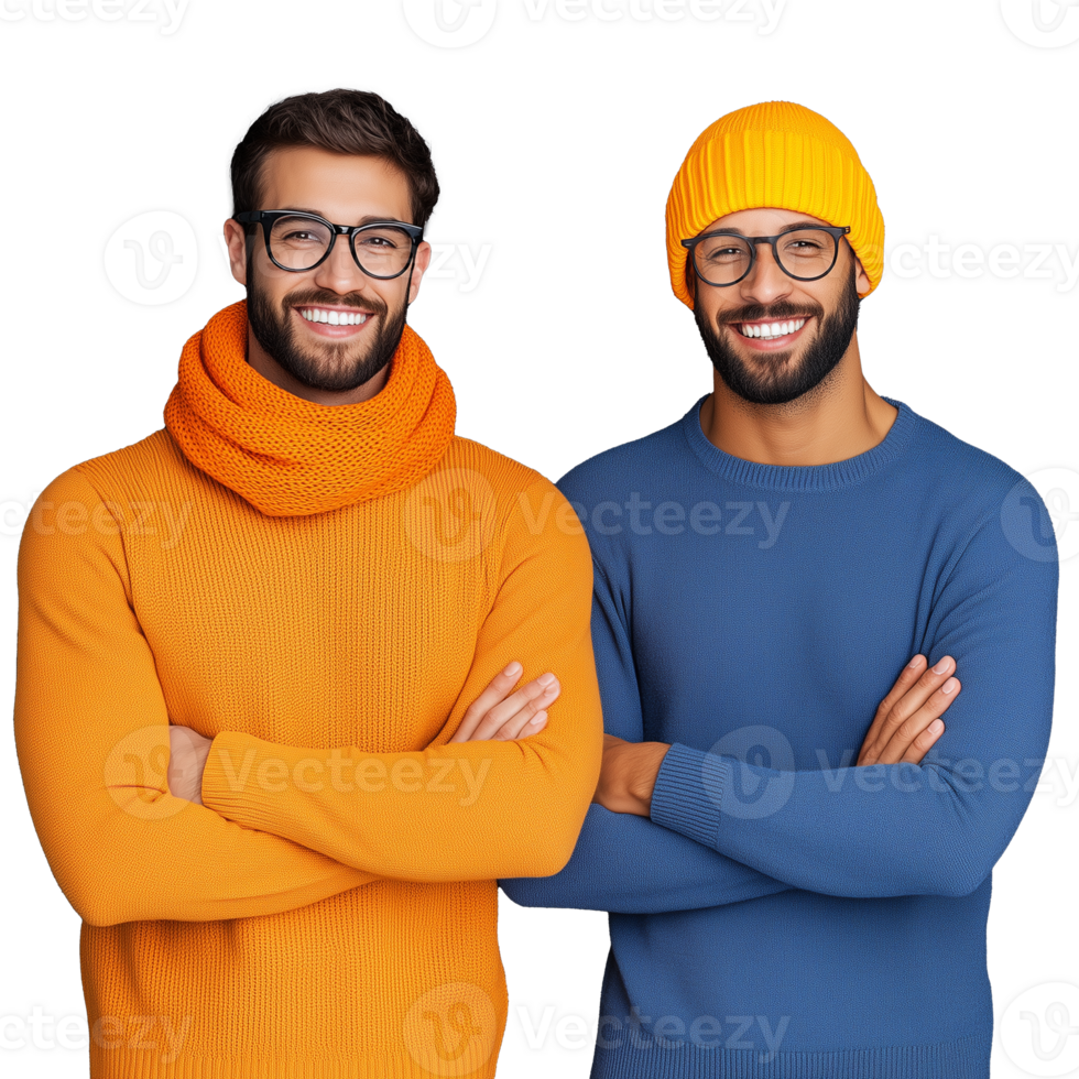 Two men wearing colorful sweaters and hats standing with arms crossed and smiling on a transparent background png