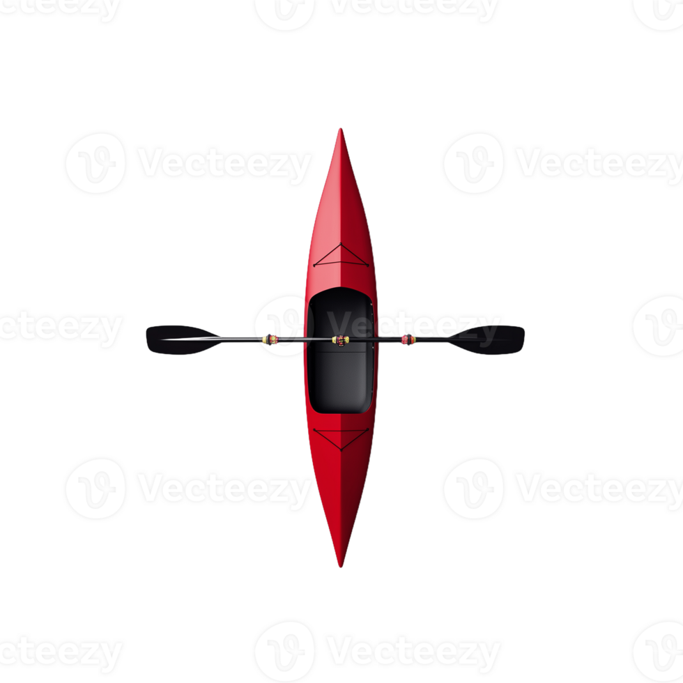 Top down view of a red kayak with black paddle, isolated on a transparent background png