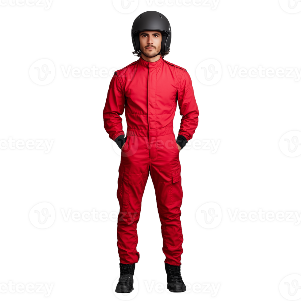 Man dressed in a red racing suit and black helmet, standing with hands on hips on a transparent background png