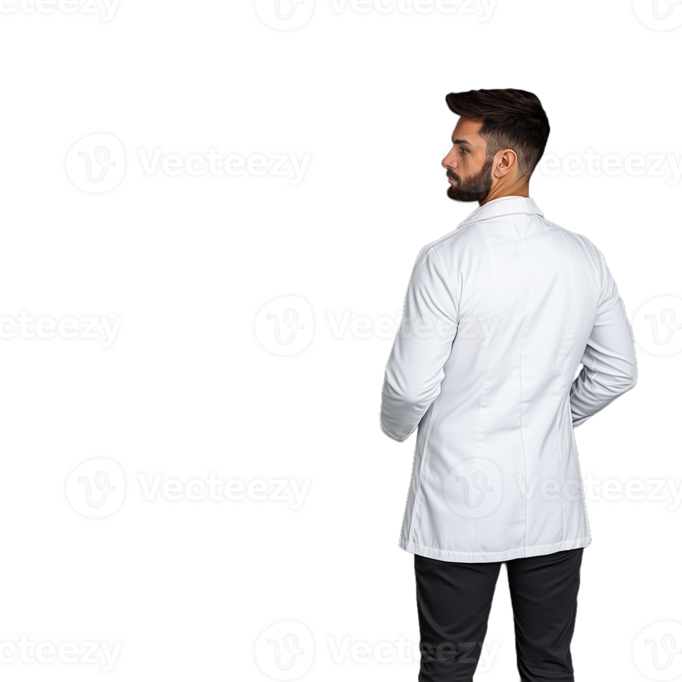 Man in a white lab coat with hands behind his back, looking away on a transparent background png