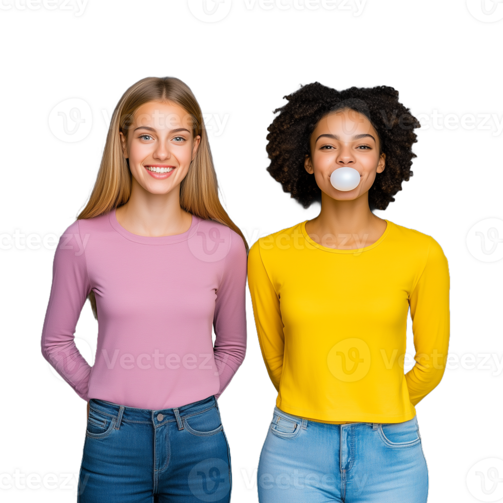 Two diverse women smiling and standing together in colorful tops, isolated on a transparent background png