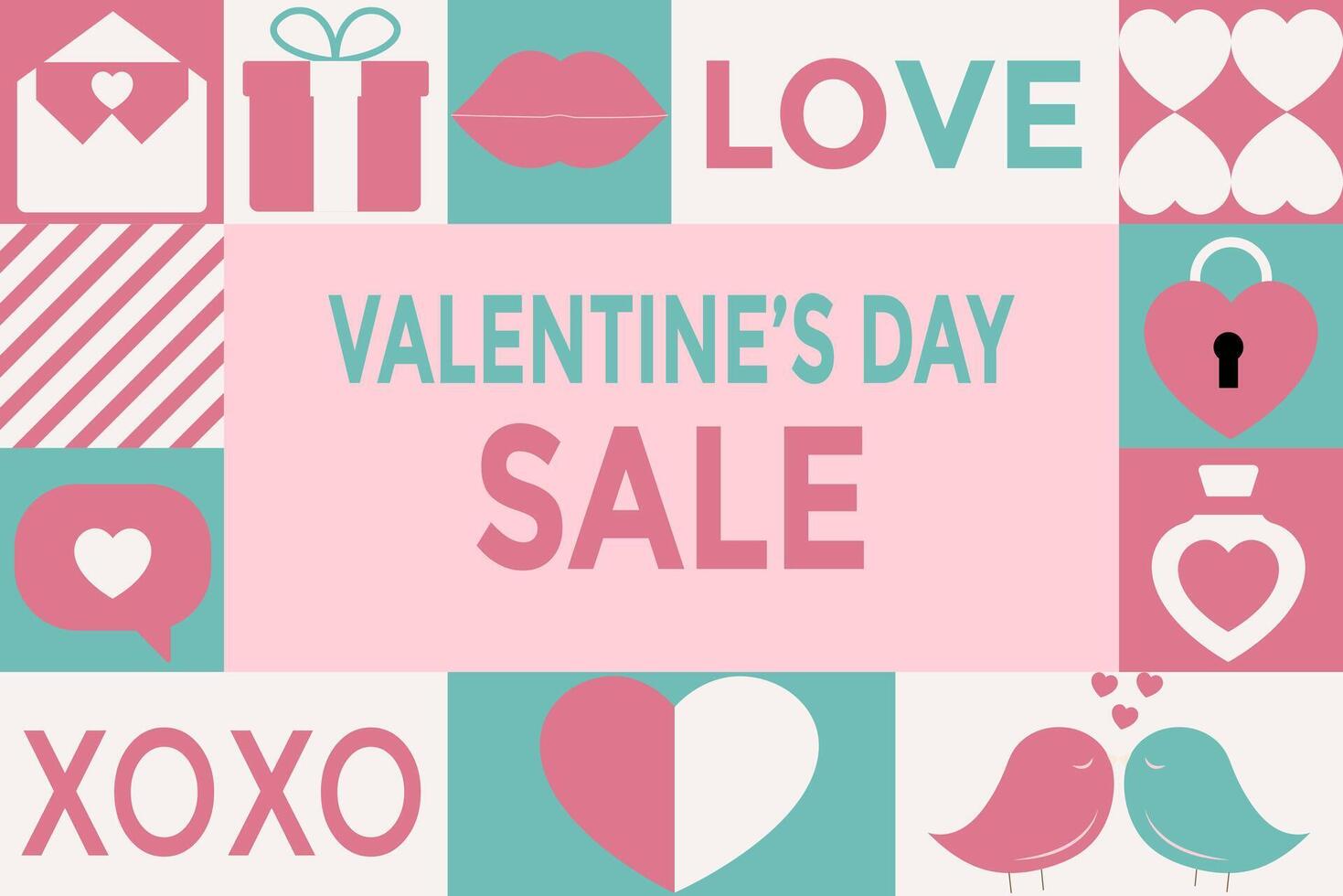 Valentine's day sale geometric banner with simple geometry symbols of Romantic love icons. Template offer of big discounts. Posters, flyers, design for covers, web. Invitation for shopping. vector