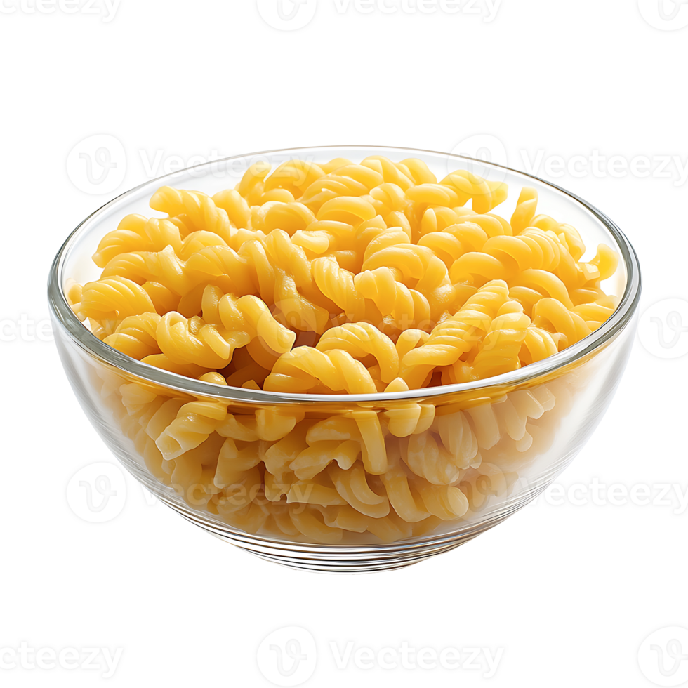 Cooked Rotini Pasta in a Glass Bowl isolated on a transparent background png