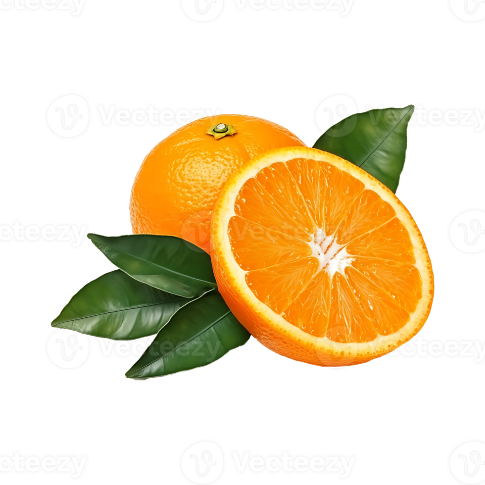 Fresh Orange Fruit Sliced with Green Leaves isolated on a transparent background png