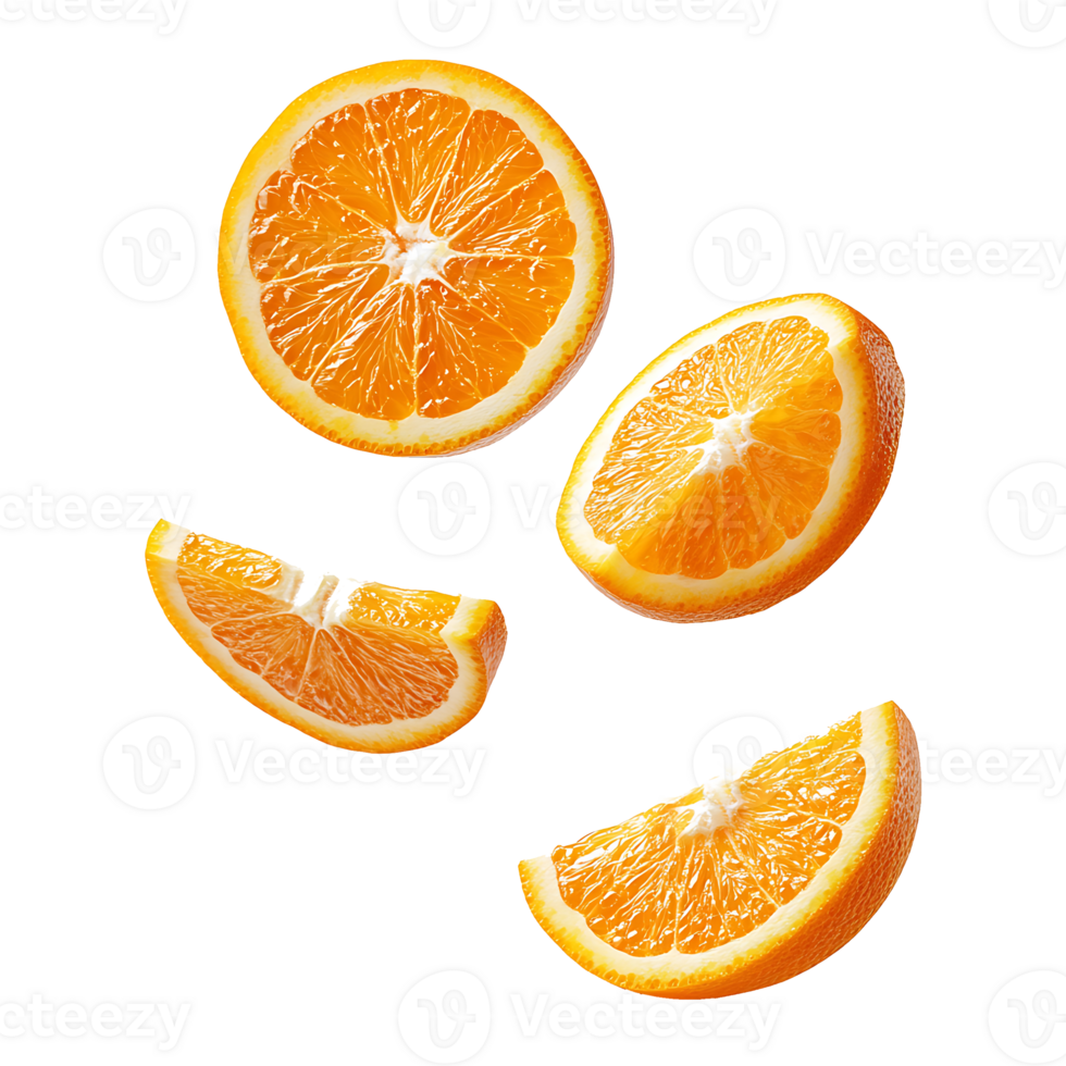 Fresh Orange Slices Falling in Air isolated on a transparent background png