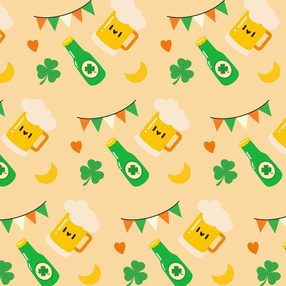 Kawaii St. Patrick s Day Beer and Shamrock Pattern. St. Patrick s Day Festive Pattern with Beer and Shamrocks. vector