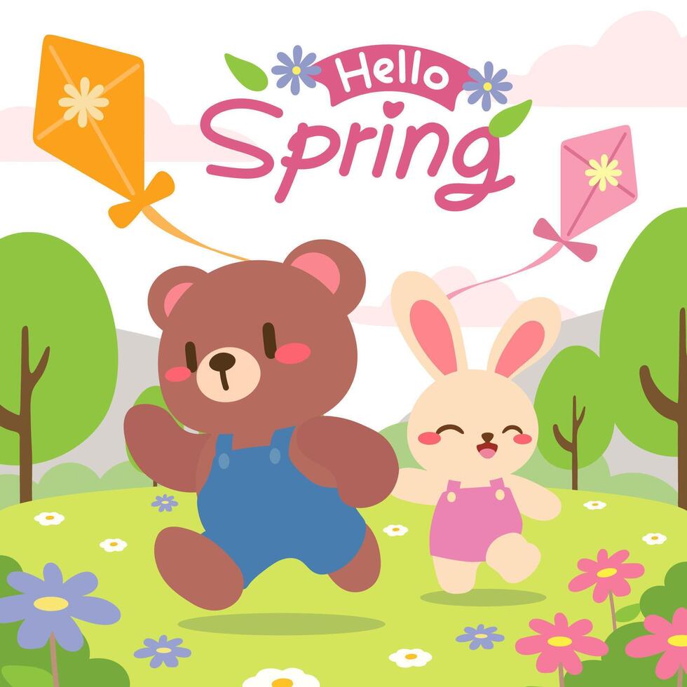 Springtime Fun with Cute Bear and Bunny Flying Kites. Happy Spring Scene with Bear and Bunny Enjoying Nature. vector