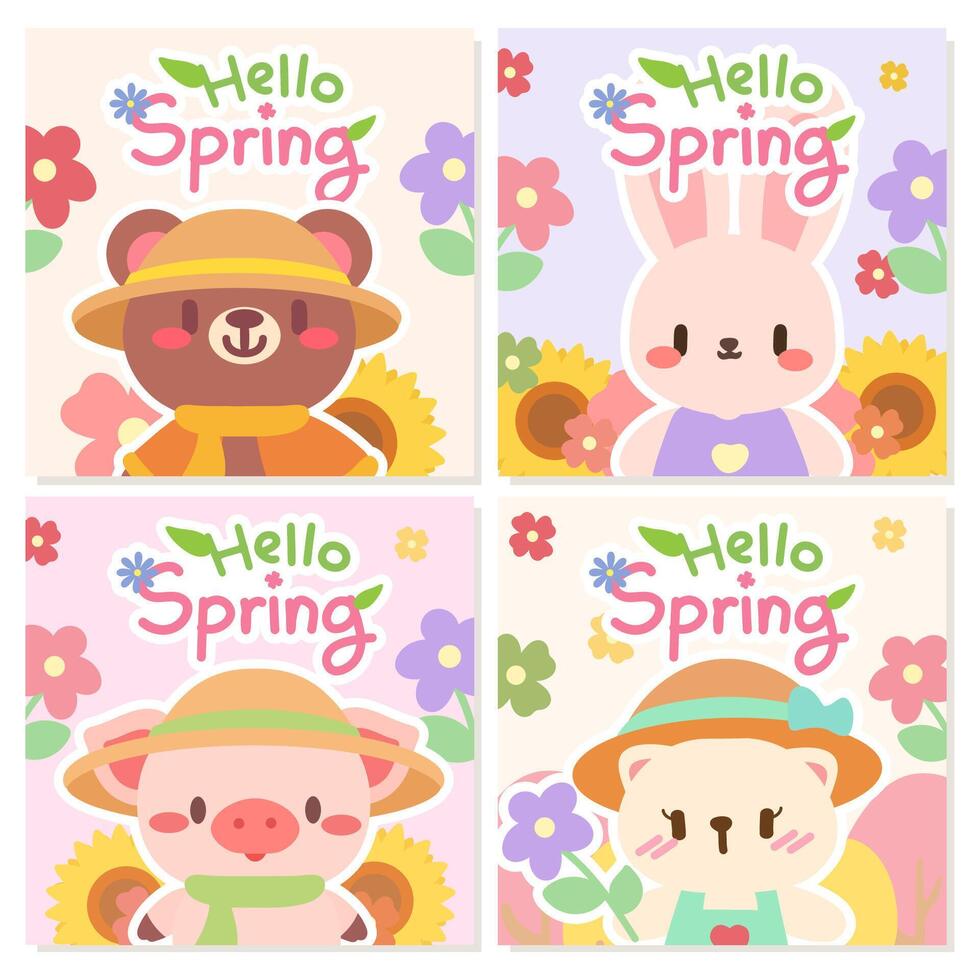 Hello Spring With Cute Animal Characters. Adorable spring themed illustration featuring a bear, bunny, pig, and cat surrounded by blooming flowers. vector